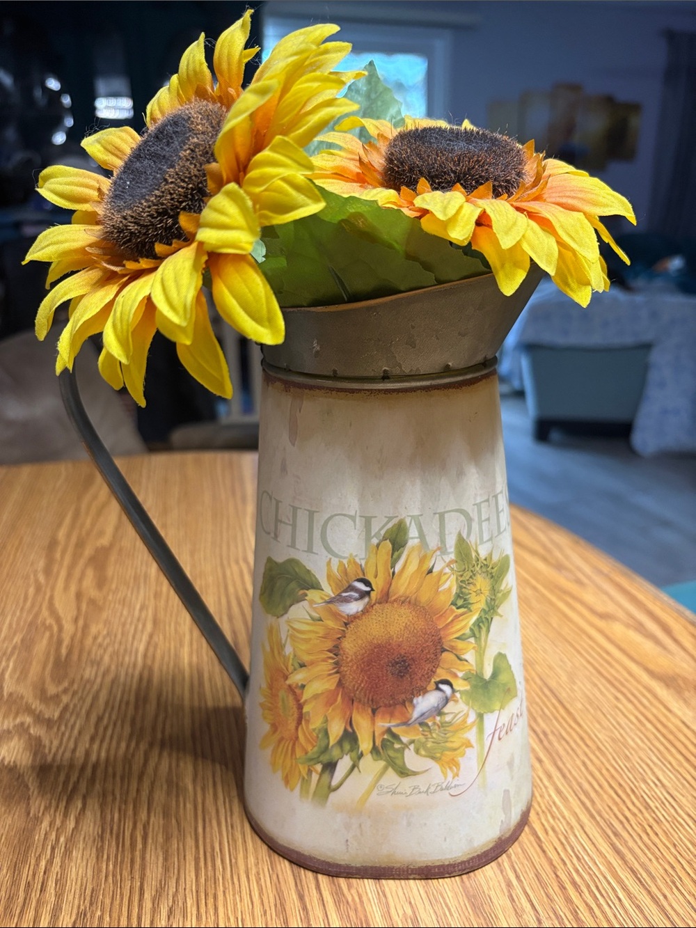 Sunflower Chickadee Pitcher Vase - Yellow Decorative Home Accent